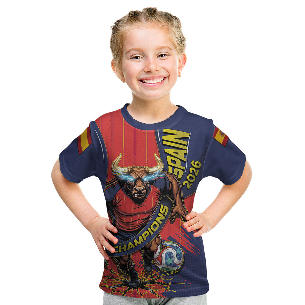 Spain Football 2026 Champions Kid T Shirt Bull Mascot Illustration In Spanish National Colors Comic Style