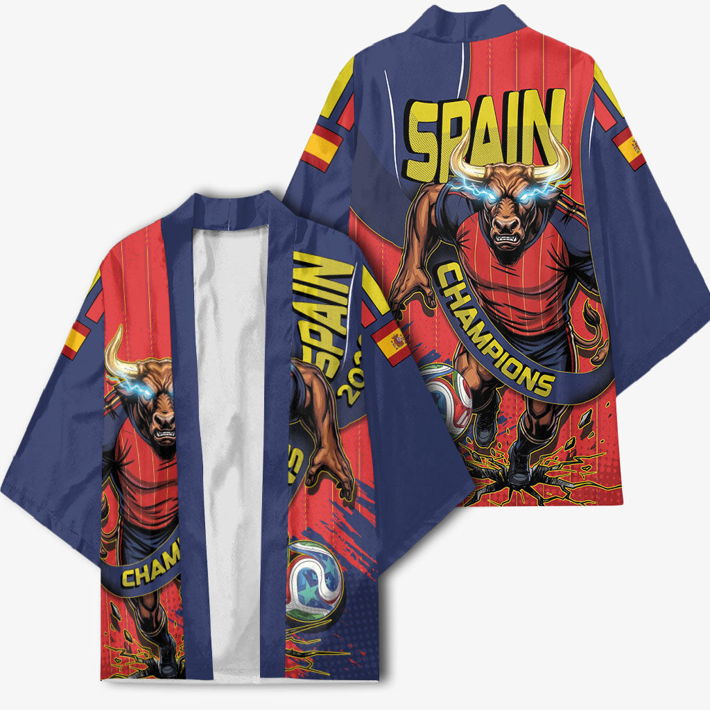 Spain Football 2026 Champions Kimono Bull Mascot Illustration In Spanish National Colors Comic Style
