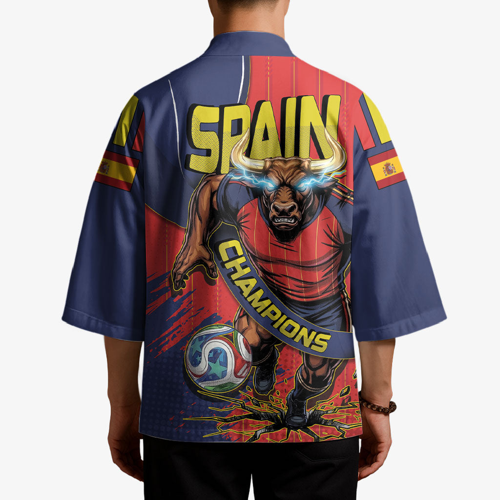 Spain Football 2026 Champions Kimono Bull Mascot Illustration In Spanish National Colors Comic Style
