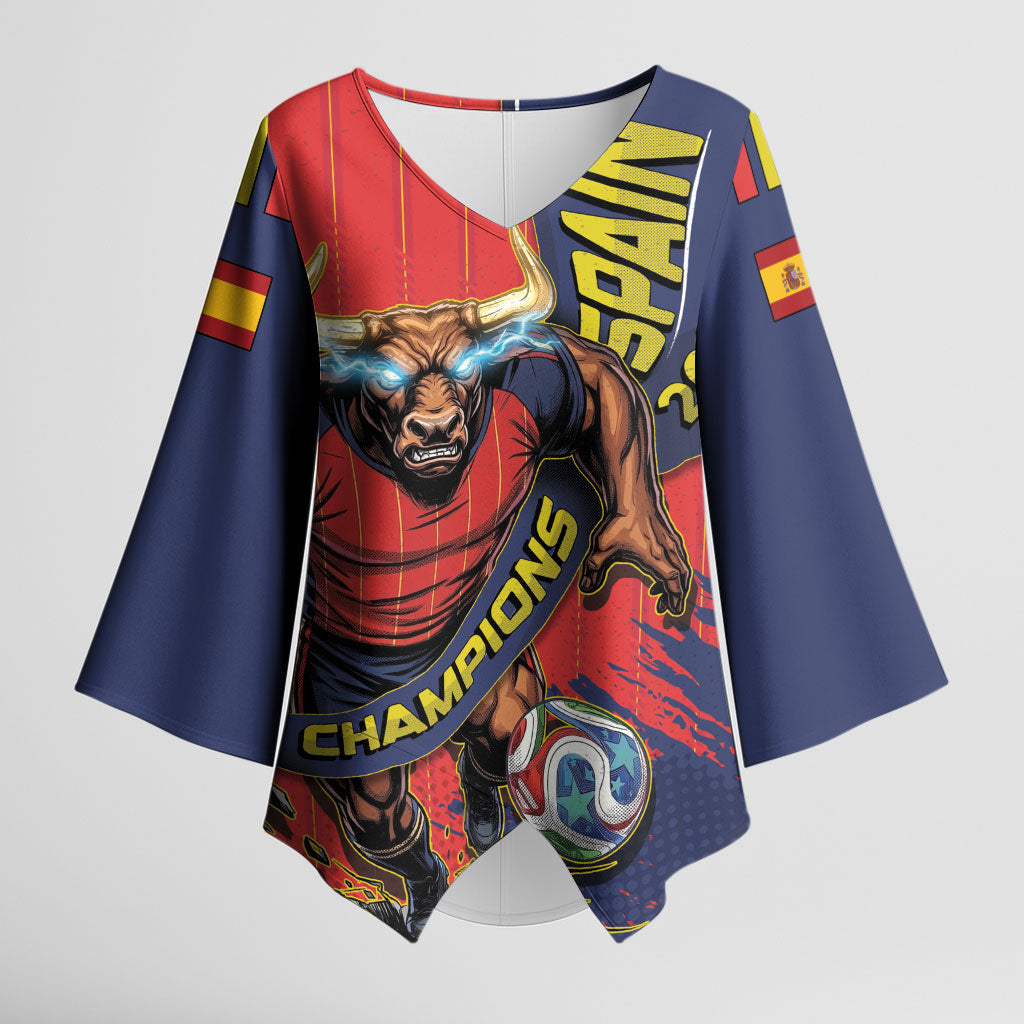Spain Football 2026 Champions Kimono Sleeve Blouse Bull Mascot Illustration In Spanish National Colors Comic Style