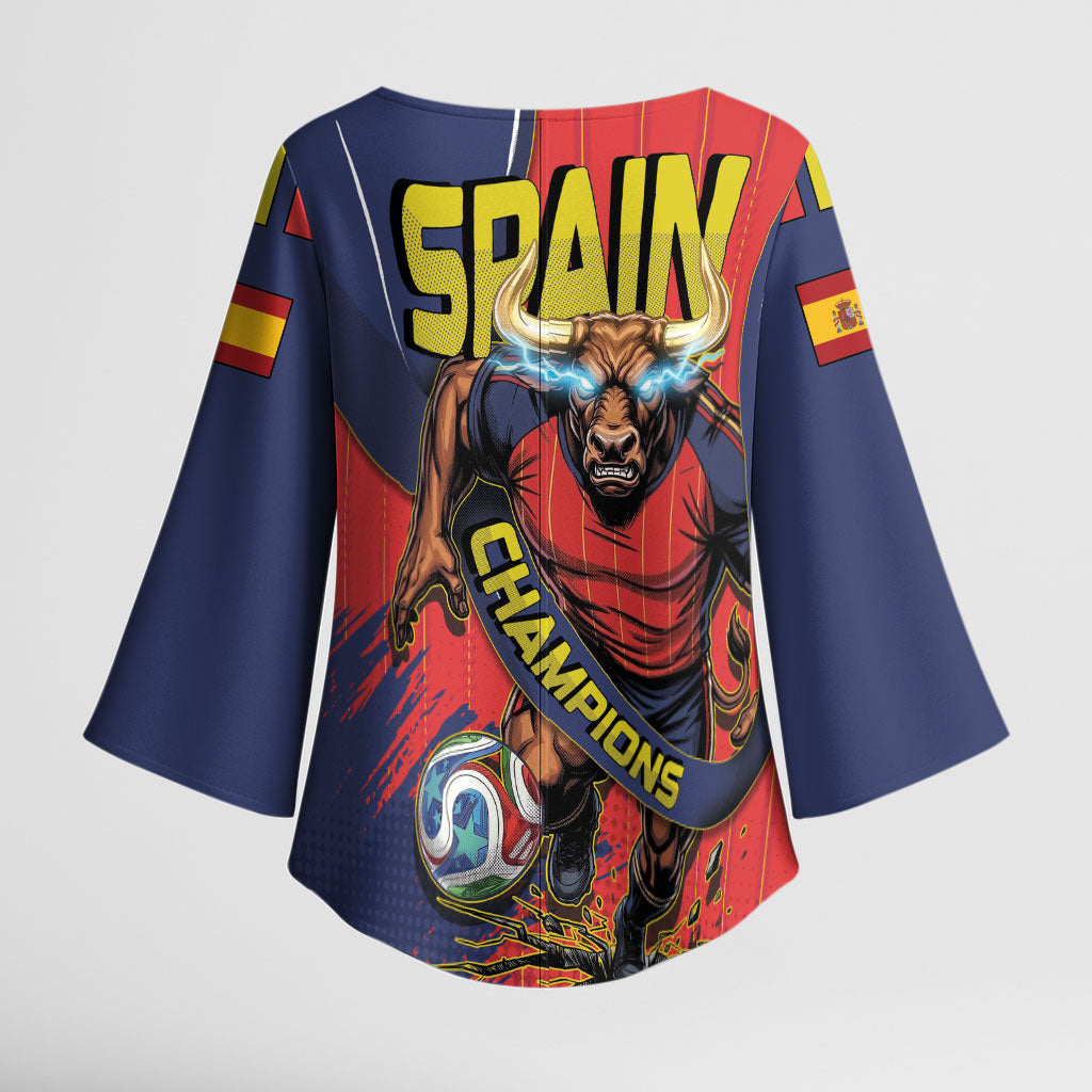 Spain Football 2026 Champions Kimono Sleeve Blouse Bull Mascot Illustration In Spanish National Colors Comic Style