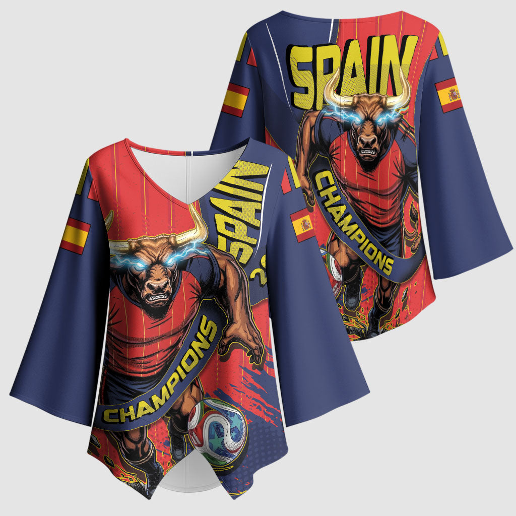 Spain Football 2026 Champions Kimono Sleeve Blouse Bull Mascot Illustration In Spanish National Colors Comic Style