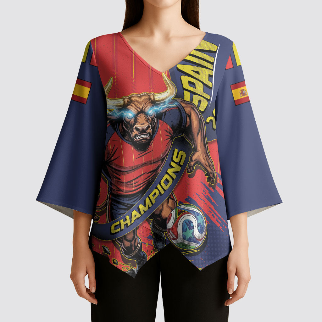 Spain Football 2026 Champions Kimono Sleeve Blouse Bull Mascot Illustration In Spanish National Colors Comic Style