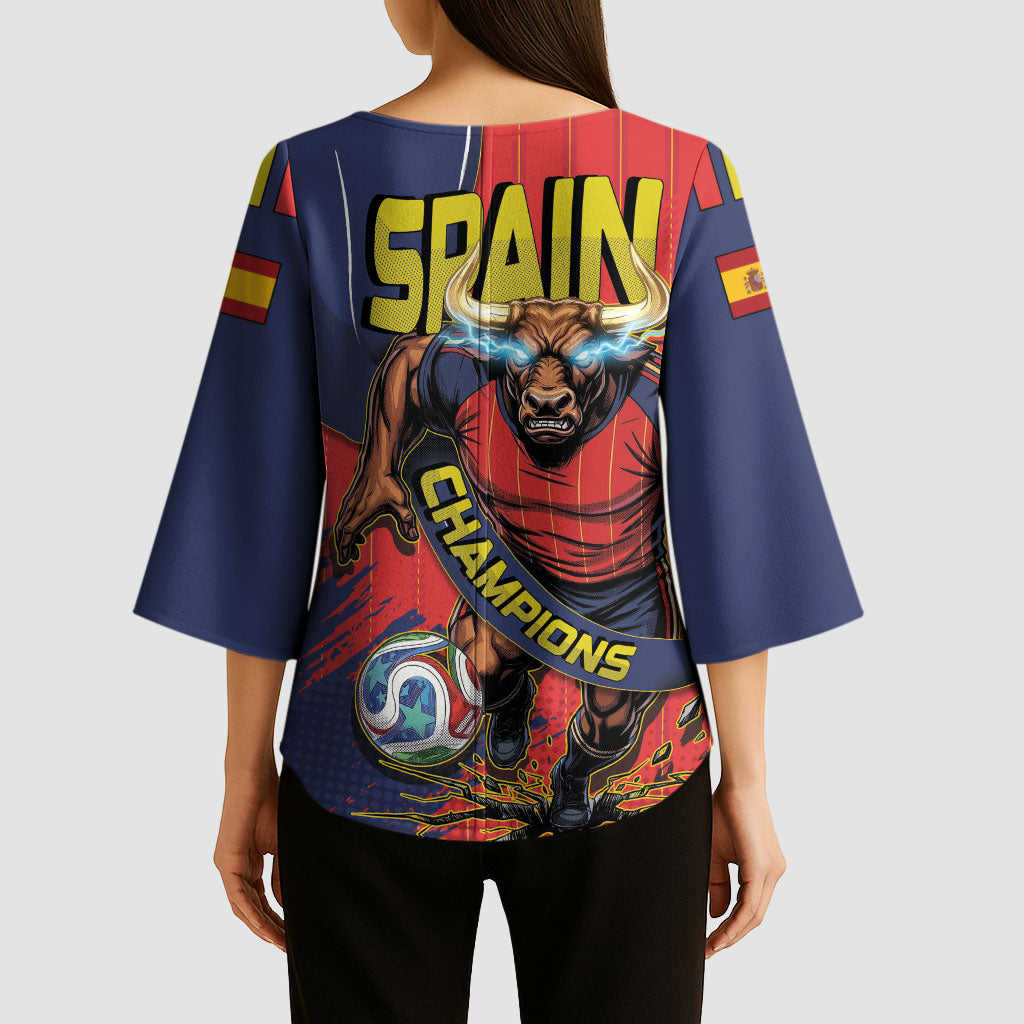 Spain Football 2026 Champions Kimono Sleeve Blouse Bull Mascot Illustration In Spanish National Colors Comic Style