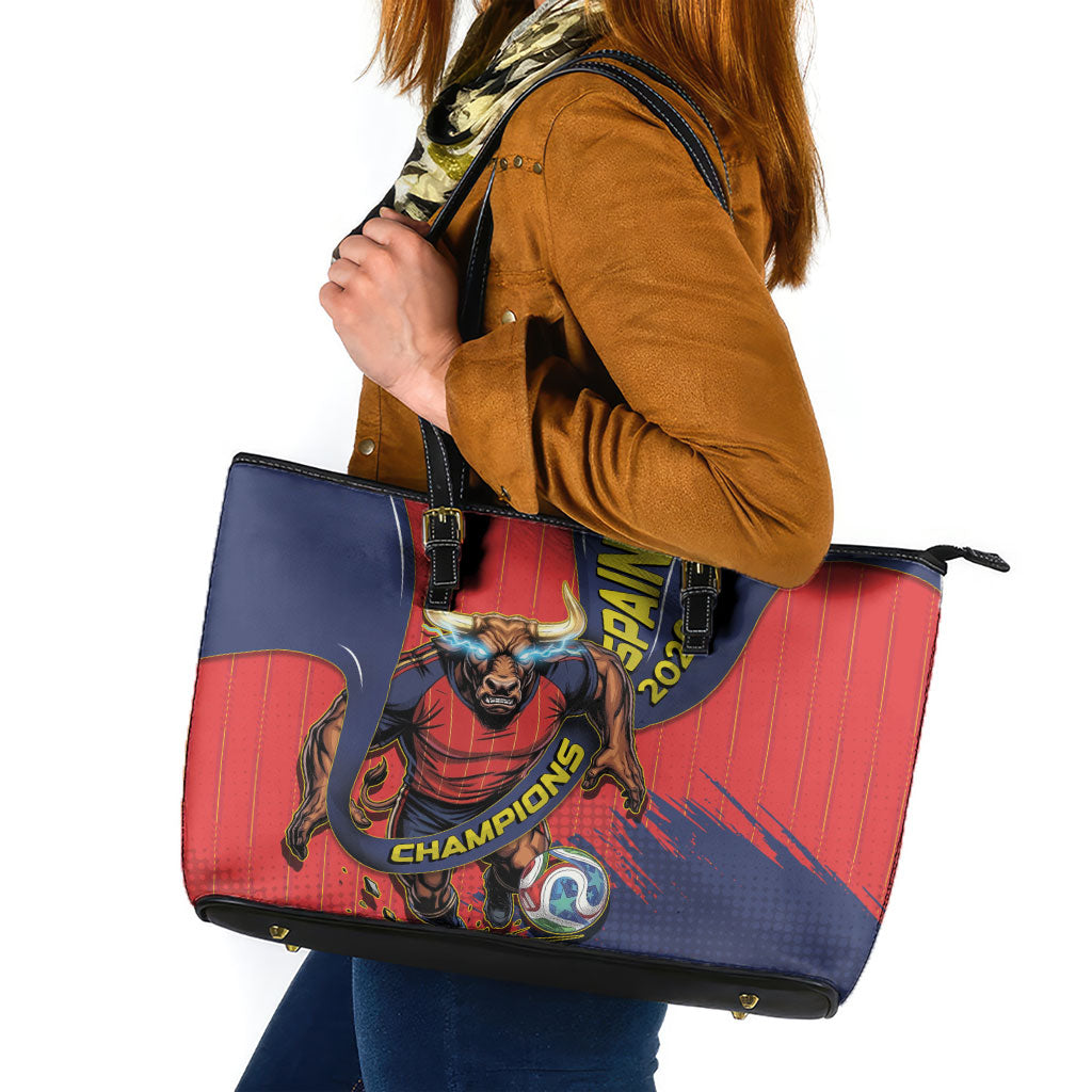 Spain Football 2026 Champions Leather Tote Bag Bull Mascot Illustration In Spanish National Colors Comic Style