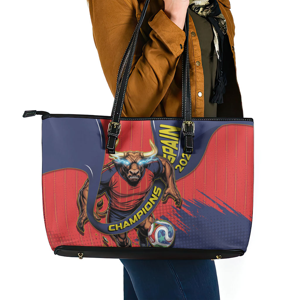 Spain Football 2026 Champions Leather Tote Bag Bull Mascot Illustration In Spanish National Colors Comic Style