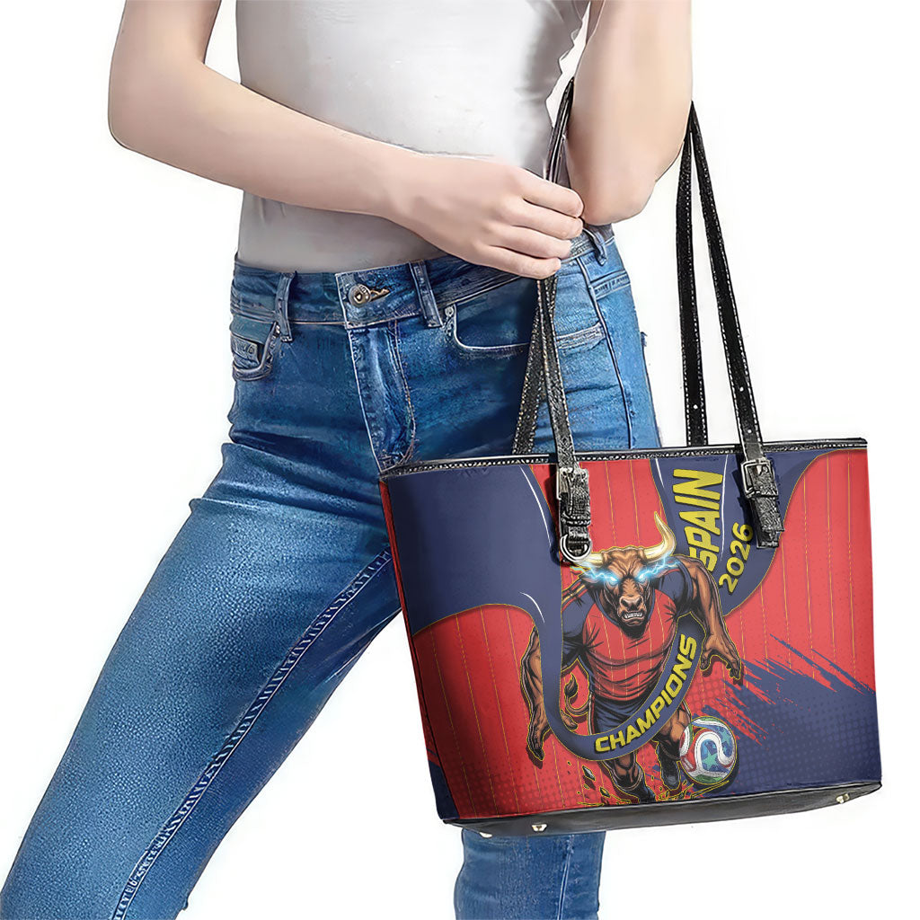 Spain Football 2026 Champions Leather Tote Bag Bull Mascot Illustration In Spanish National Colors Comic Style