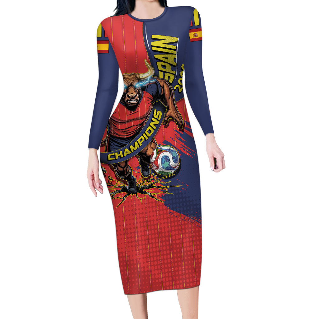 Spain Football 2026 Champions Long Sleeve Bodycon Dress Bull Mascot Illustration In Spanish National Colors Comic Style