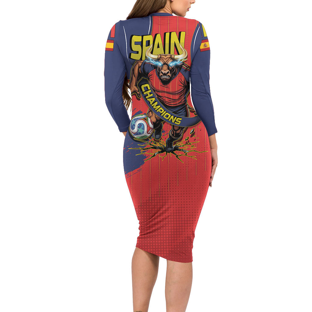 Spain Football 2026 Champions Long Sleeve Bodycon Dress Bull Mascot Illustration In Spanish National Colors Comic Style