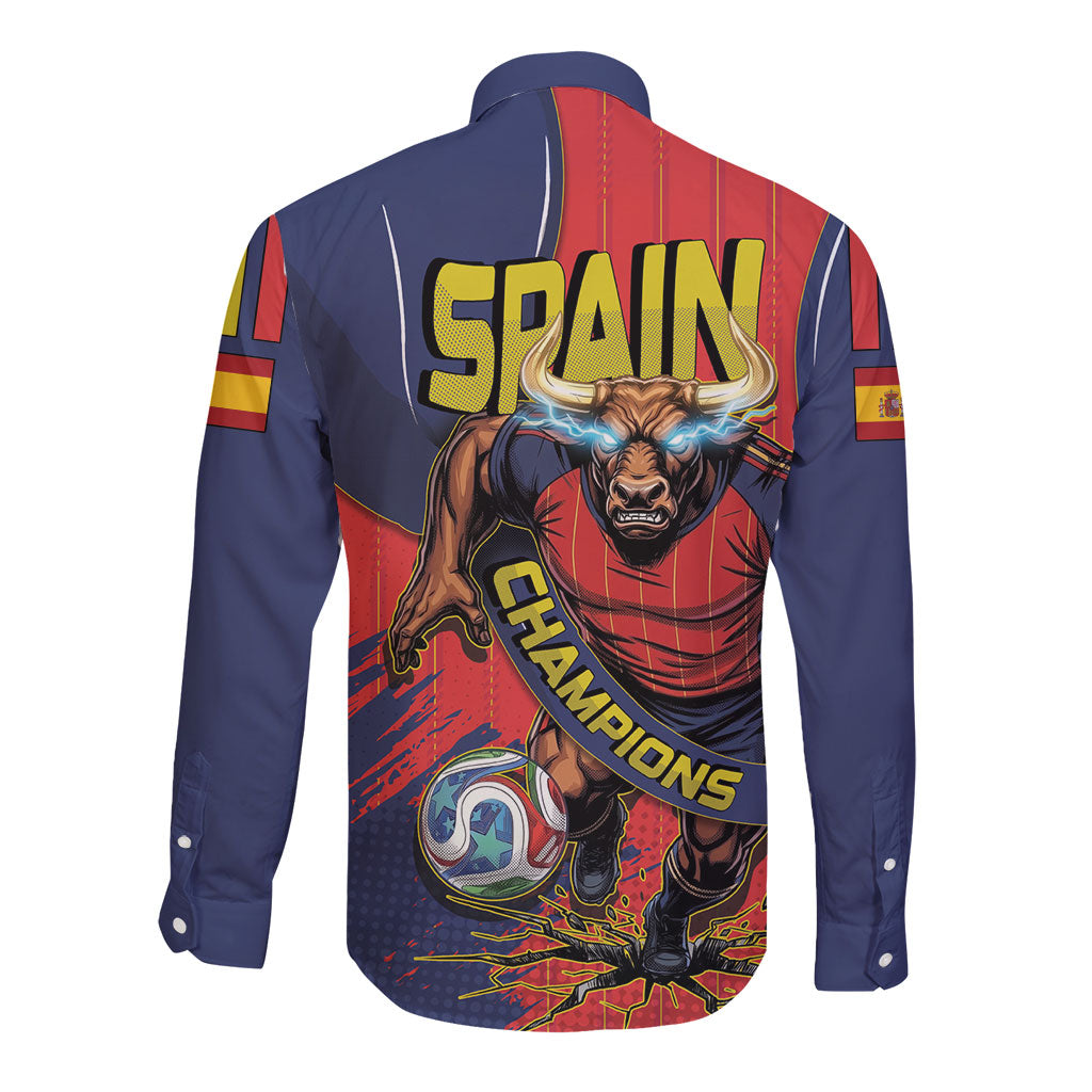 Spain Football 2026 Champions Long Sleeve Button Shirt Bull Mascot Illustration In Spanish National Colors Comic Style