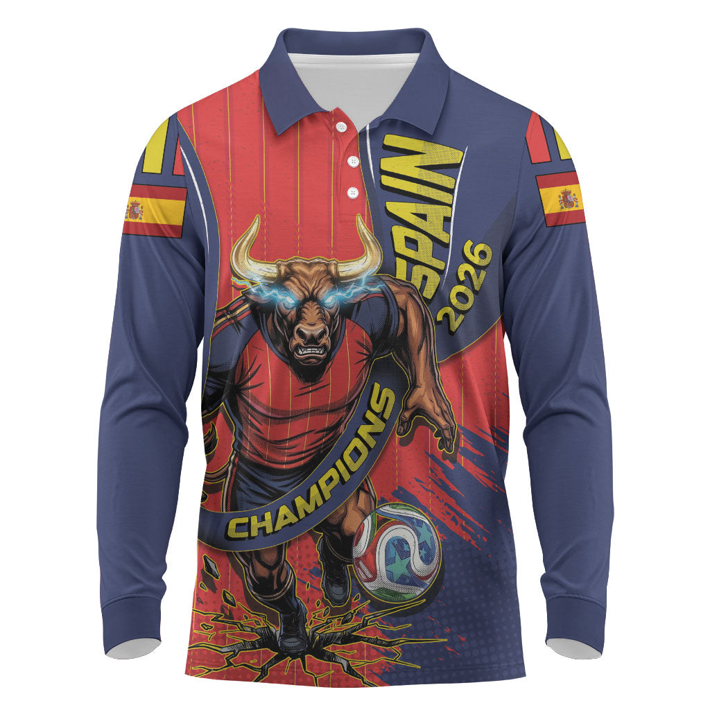Spain Football 2026 Champions Long Sleeve Polo Shirt Bull Mascot Illustration In Spanish National Colors Comic Style