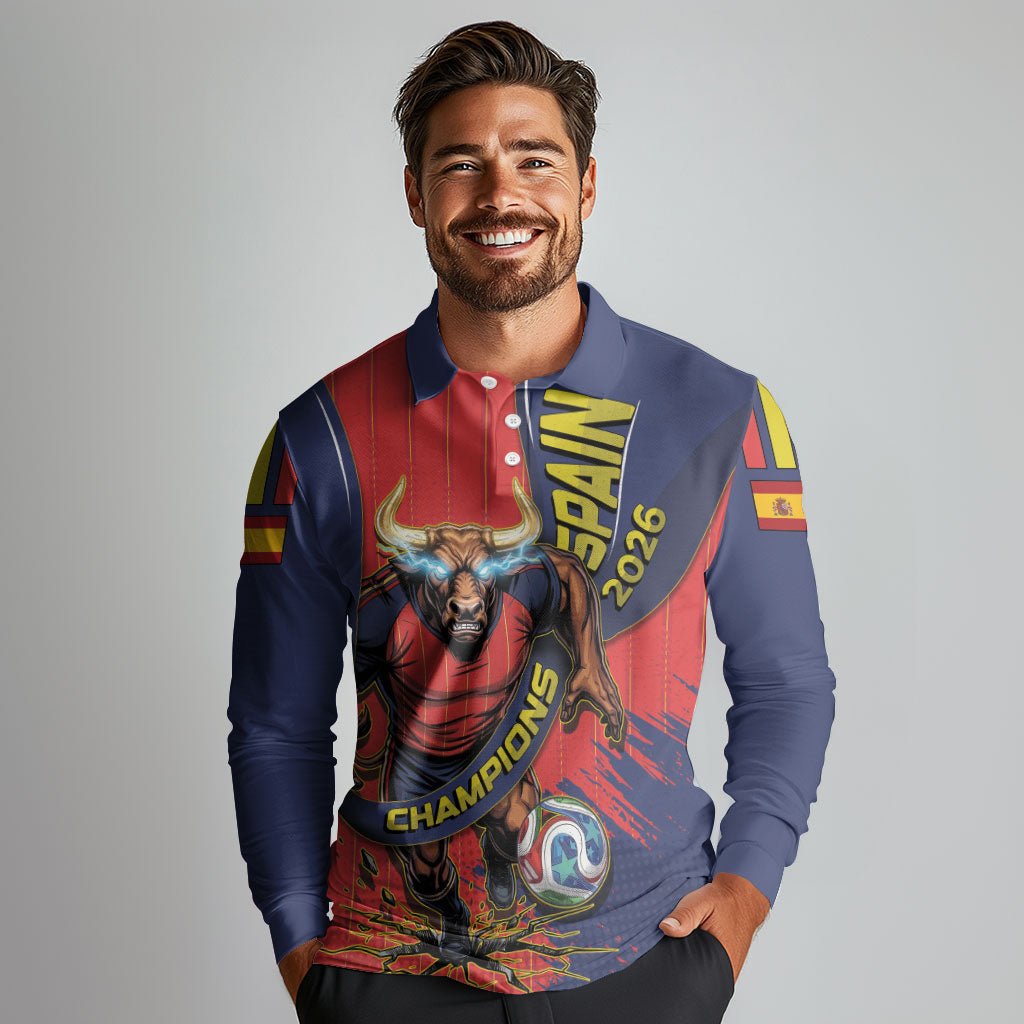 Spain Football 2026 Champions Long Sleeve Polo Shirt Bull Mascot Illustration In Spanish National Colors Comic Style