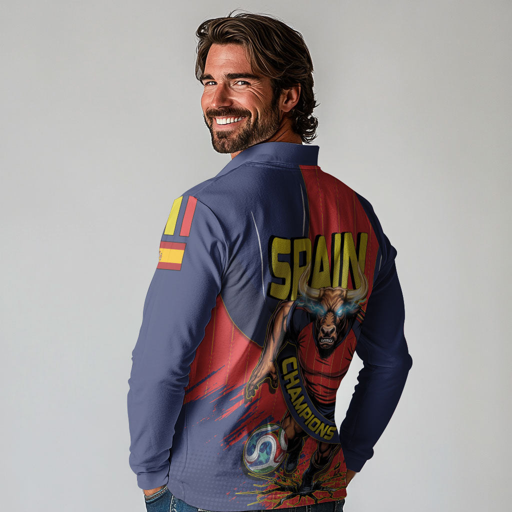 Spain Football 2026 Champions Long Sleeve Polo Shirt Bull Mascot Illustration In Spanish National Colors Comic Style