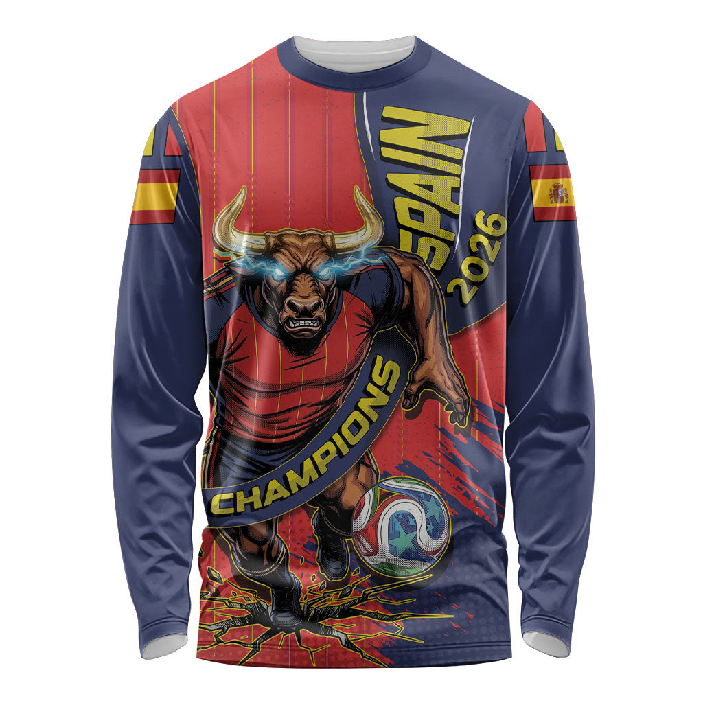 Spain Football 2026 Champions Long Sleeve Shirt Bull Mascot Illustration In Spanish National Colors Comic Style