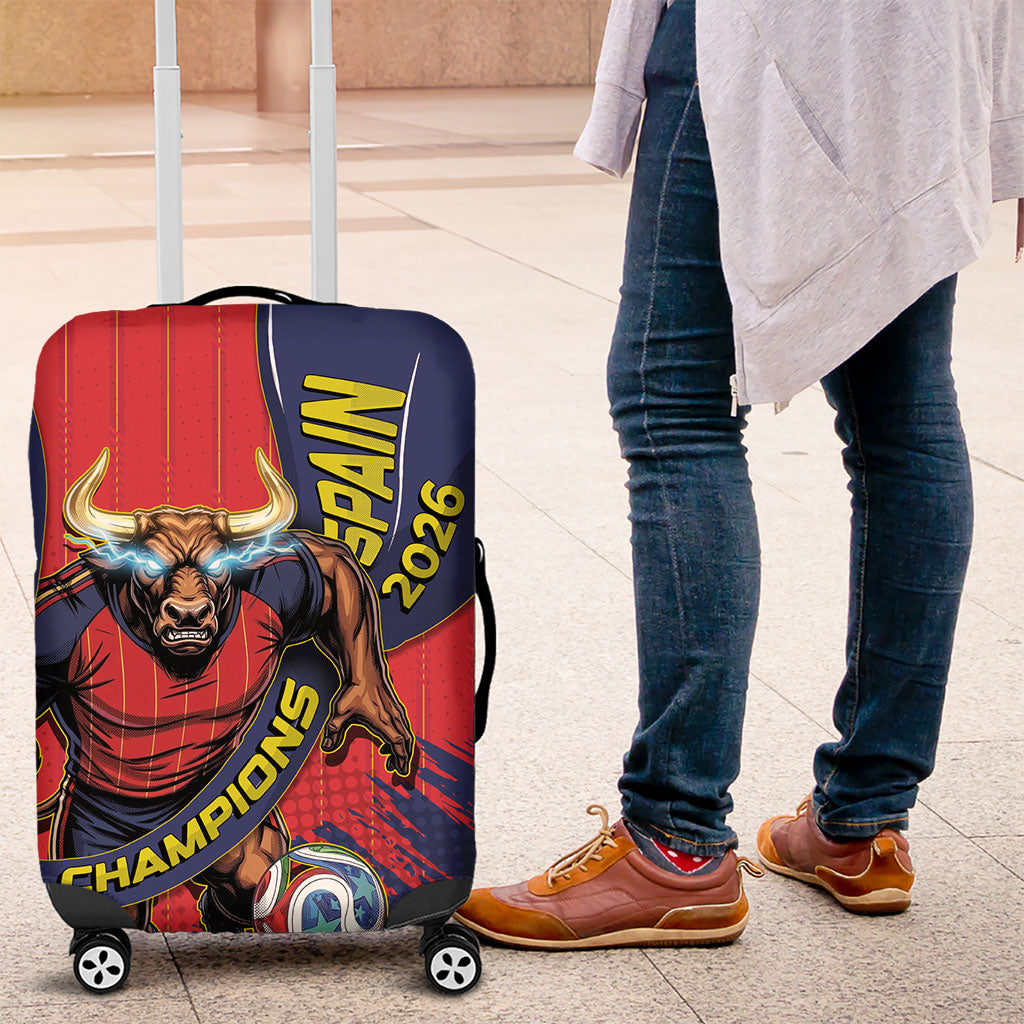Spain Football 2026 Champions Luggage Cover Bull Mascot Illustration In Spanish National Colors Comic Style