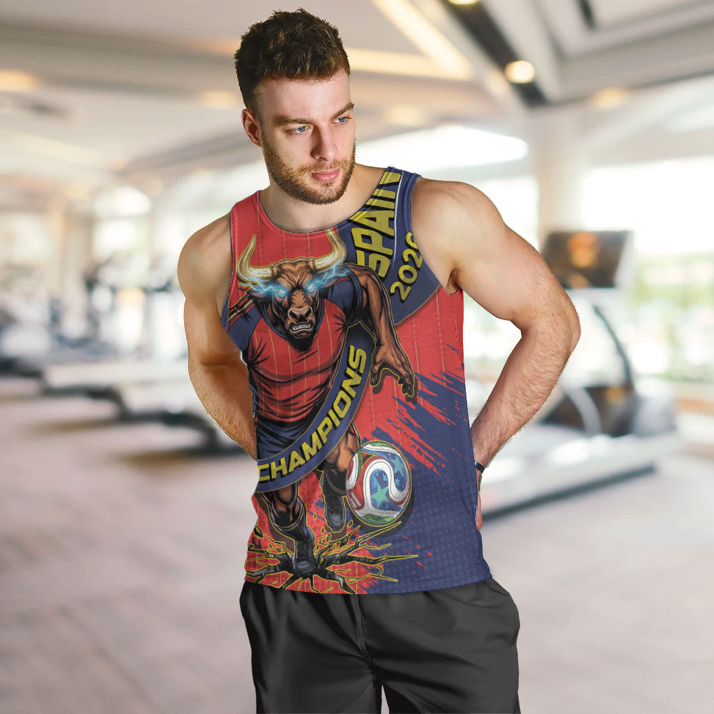 Spain Football 2026 Champions Men Tank Top Bull Mascot Illustration In Spanish National Colors Comic Style