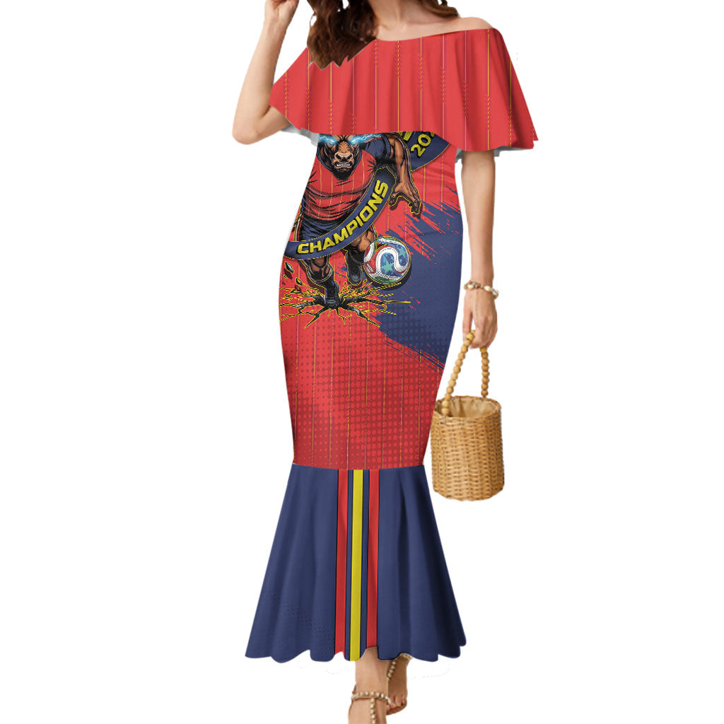 Spain Football 2026 Champions Mermaid Dress Bull Mascot Illustration In Spanish National Colors Comic Style