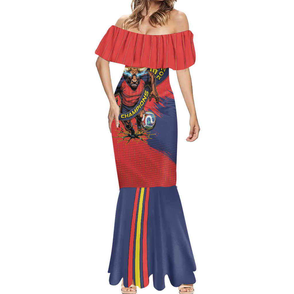 Spain Football 2026 Champions Mermaid Dress Bull Mascot Illustration In Spanish National Colors Comic Style