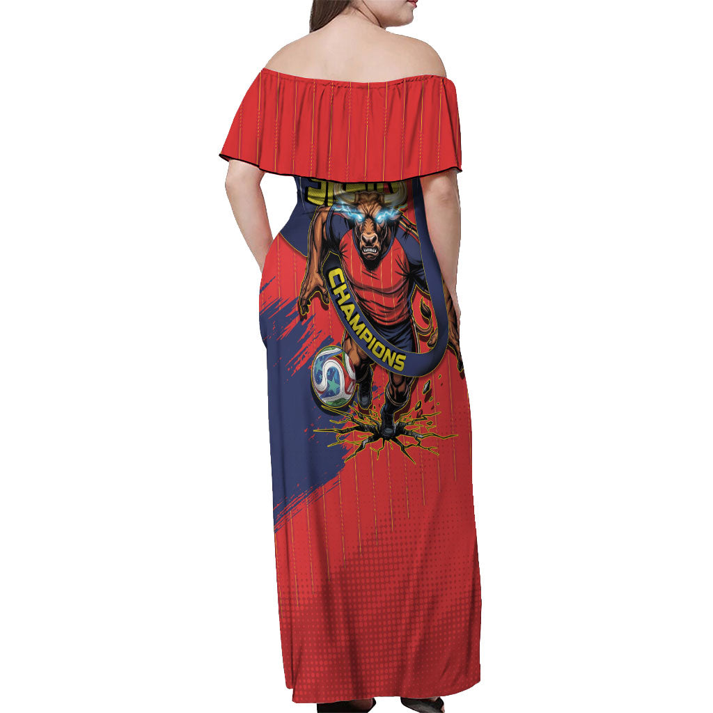 Spain Football 2026 Champions Off Shoulder Maxi Dress Bull Mascot Illustration In Spanish National Colors Comic Style