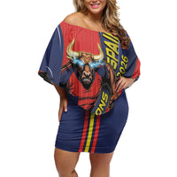 Spain Football 2026 Champions Off Shoulder Short Dress Bull Mascot Illustration In Spanish National Colors Comic Style