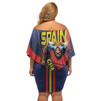 Spain Football 2026 Champions Off Shoulder Short Dress Bull Mascot Illustration In Spanish National Colors Comic Style