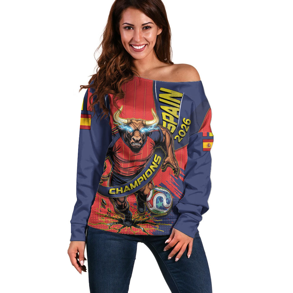 Spain Football 2026 Champions Off Shoulder Sweater Bull Mascot Illustration In Spanish National Colors Comic Style