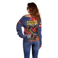Spain Football 2026 Champions Off Shoulder Sweater Bull Mascot Illustration In Spanish National Colors Comic Style
