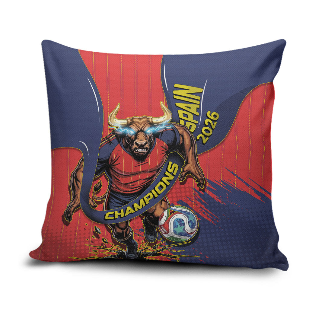 Spain Football 2026 Champions Pillow Cover Bull Mascot Illustration In Spanish National Colors Comic Style