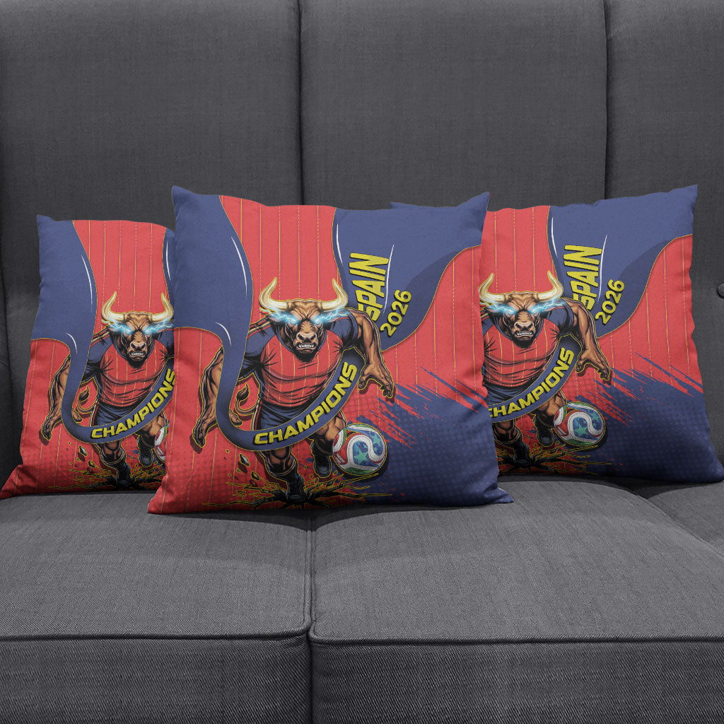Spain Football 2026 Champions Pillow Cover Bull Mascot Illustration In Spanish National Colors Comic Style
