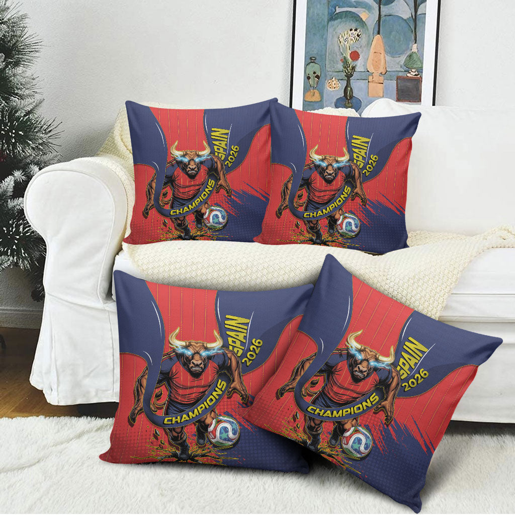 Spain Football 2026 Champions Pillow Cover Bull Mascot Illustration In Spanish National Colors Comic Style