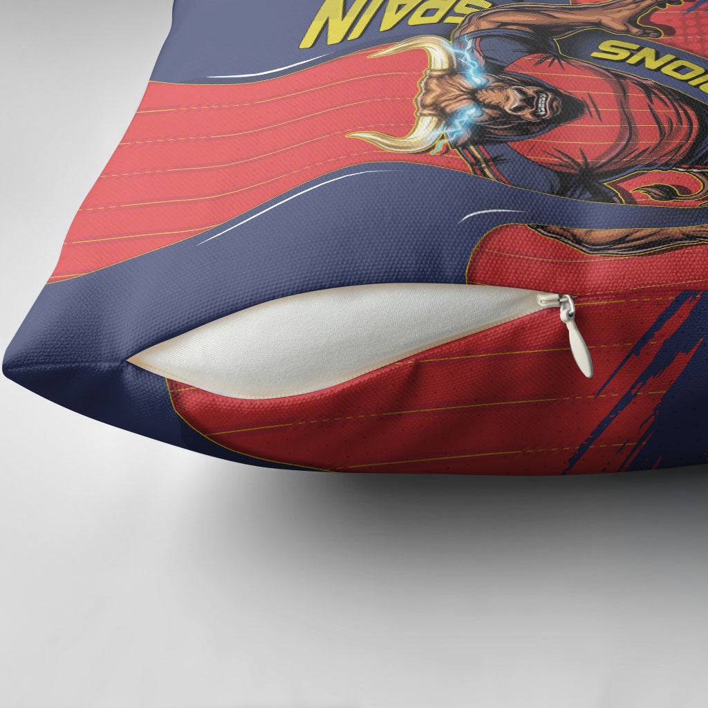Spain Football 2026 Champions Pillow Cover Bull Mascot Illustration In Spanish National Colors Comic Style