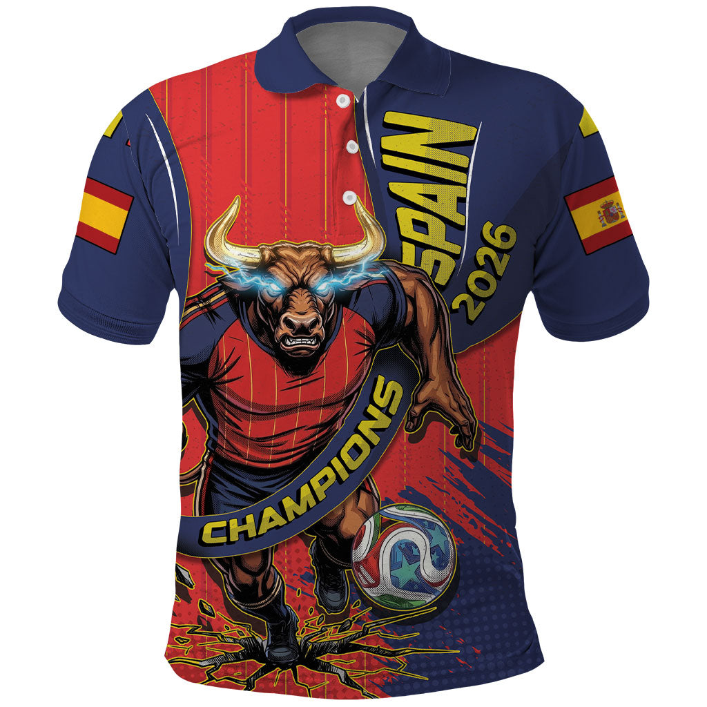 Spain Football 2026 Champions Polo Shirt Bull Mascot Illustration In Spanish National Colors Comic Style