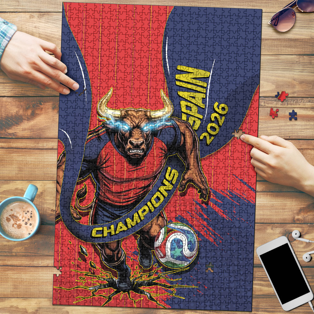 Spain Football 2026 Champions Puzzle Bull Mascot Illustration In Spanish National Colors Comic Style