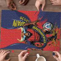Spain Football 2026 Champions Puzzle Bull Mascot Illustration In Spanish National Colors Comic Style