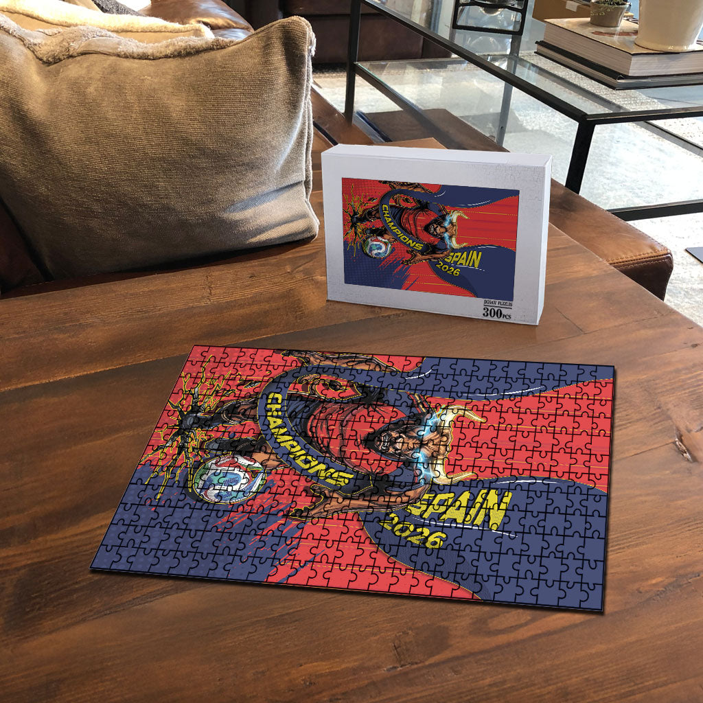 Spain Football 2026 Champions Puzzle Bull Mascot Illustration In Spanish National Colors Comic Style