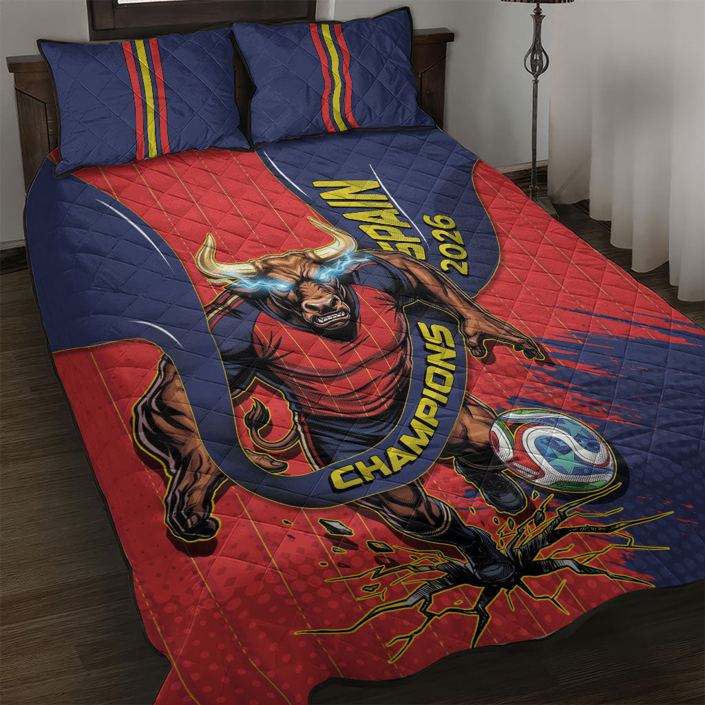 Spain Football 2026 Champions Quilt Bed Set Bull Mascot Illustration In Spanish National Colors Comic Style
