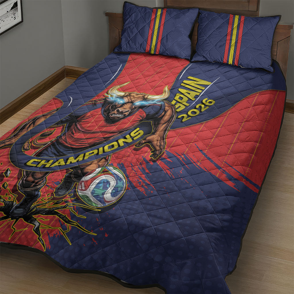 Spain Football 2026 Champions Quilt Bed Set Bull Mascot Illustration In Spanish National Colors Comic Style