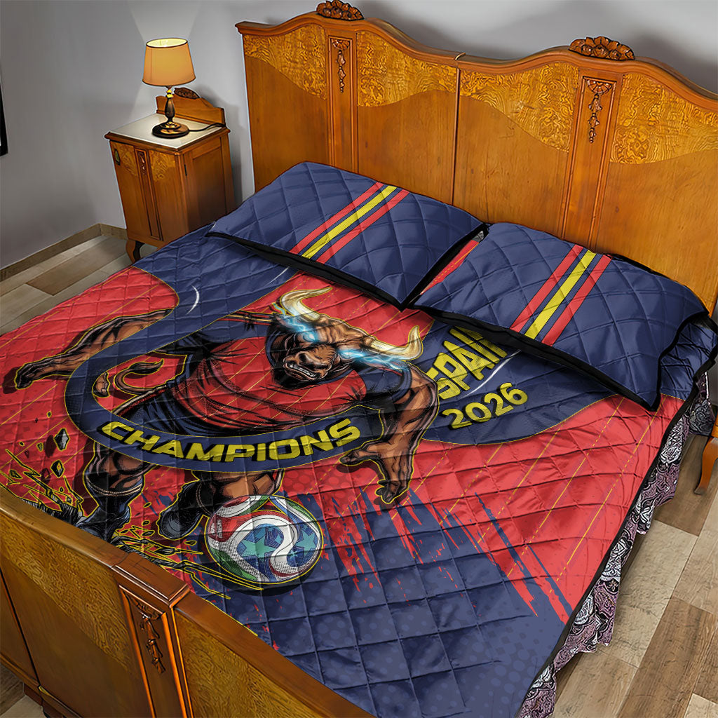 Spain Football 2026 Champions Quilt Bed Set Bull Mascot Illustration In Spanish National Colors Comic Style