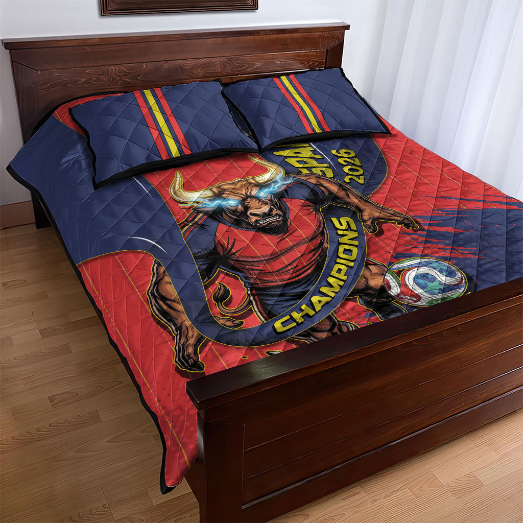 Spain Football 2026 Champions Quilt Bed Set Bull Mascot Illustration In Spanish National Colors Comic Style