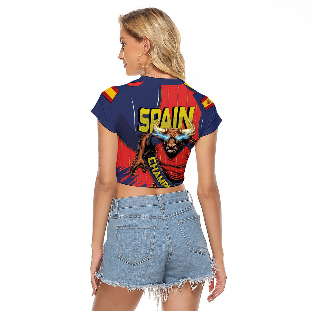 Spain Football 2026 Champions Raglan Cropped T Shirt Bull Mascot Illustration In Spanish National Colors Comic Style