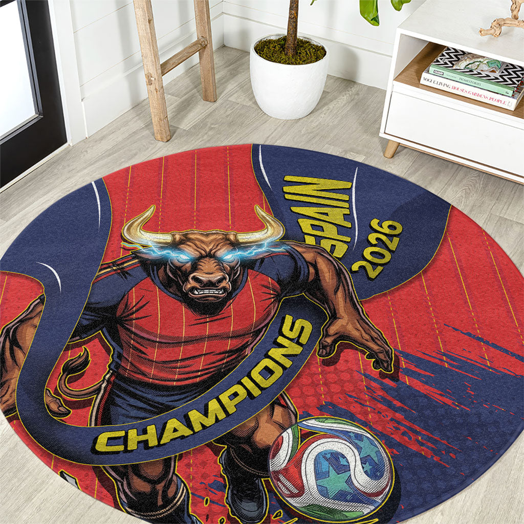 Spain Football 2026 Champions Round Carpet Bull Mascot Illustration In Spanish National Colors Comic Style