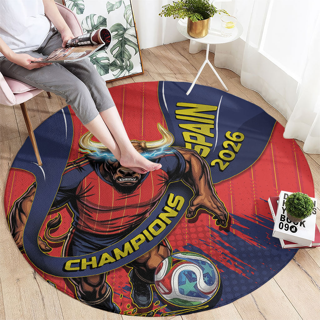 Spain Football 2026 Champions Round Carpet Bull Mascot Illustration In Spanish National Colors Comic Style