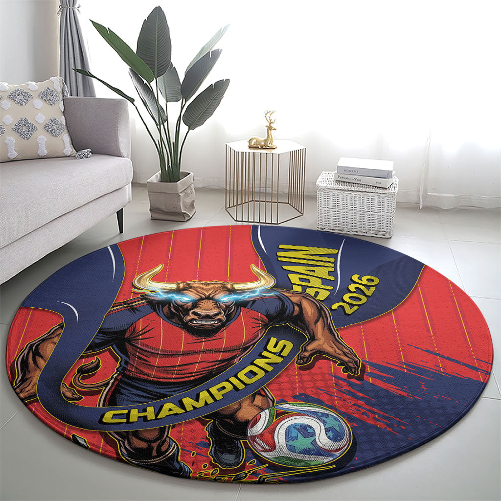 Spain Football 2026 Champions Round Carpet Bull Mascot Illustration In Spanish National Colors Comic Style