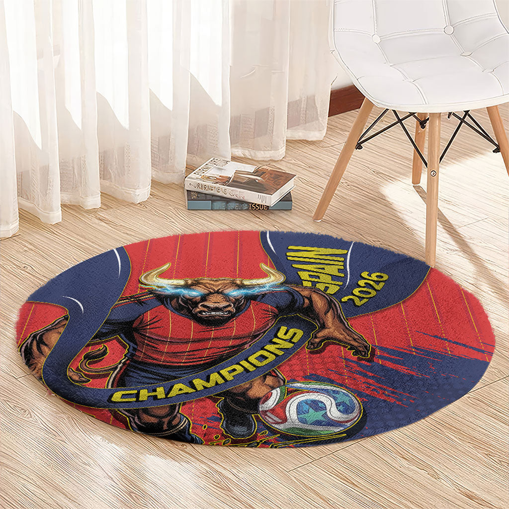 Spain Football 2026 Champions Round Carpet Bull Mascot Illustration In Spanish National Colors Comic Style
