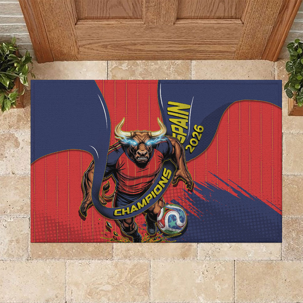 Spain Football 2026 Champions Rubber Doormat Bull Mascot Illustration In Spanish National Colors Comic Style