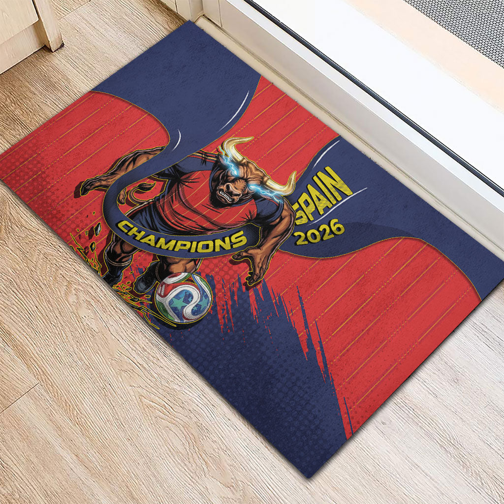 Spain Football 2026 Champions Rubber Doormat Bull Mascot Illustration In Spanish National Colors Comic Style