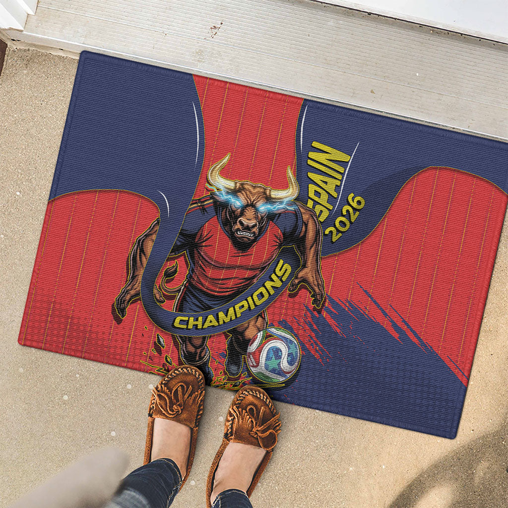 Spain Football 2026 Champions Rubber Doormat Bull Mascot Illustration In Spanish National Colors Comic Style