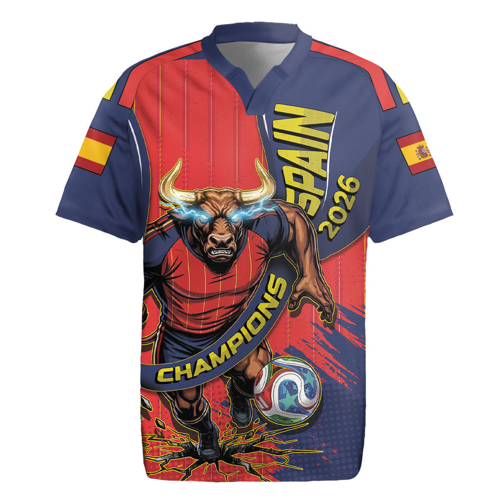 Spain Football 2026 Champions Rugby Jersey Bull Mascot Illustration In Spanish National Colors Comic Style