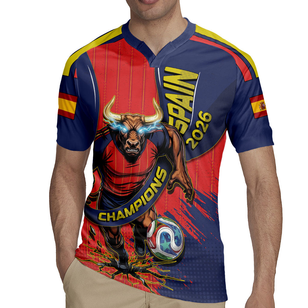 Spain Football 2026 Champions Rugby Jersey Bull Mascot Illustration In Spanish National Colors Comic Style