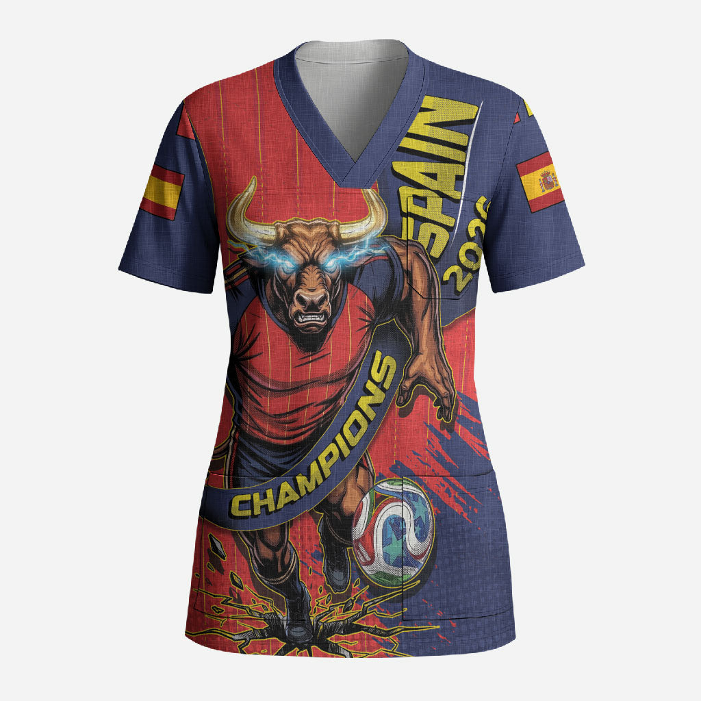 Spain Football 2026 Champions Scrub Top Bull Mascot Illustration In Spanish National Colors Comic Style